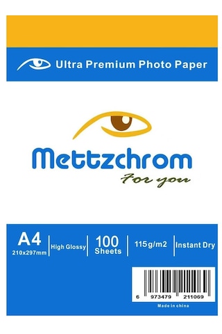 Mettzchrom Parlak Inkjet A4 Fotoğraf Kağıdı 100'lü Epson Canon Uyumlu 115g Fotoğraf Kağıtları Arkası Yazısız