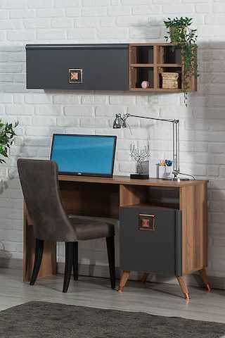 Retro 50x110 Cm Çalışma Masası + Duvar Raf Bilgisayar Masası Ofis Ders Masası Ceviz