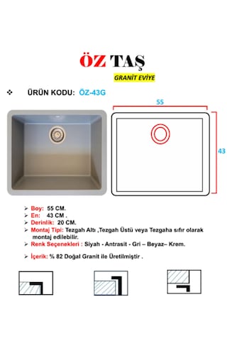 Öztaş ÖZ-43g Granit Mutfak Eviye Gri Tek Gözlü 43 x 55 CM