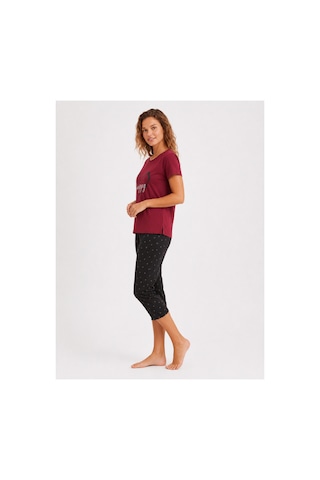 Pijamask Kadın Bordo Baskılı Kısa Kollu Kapri Pijama Takımı Rahat Kalıp Ev Giyim P14-78 Kırmızı
