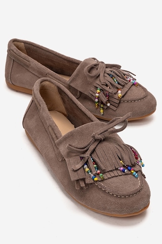Luvishoes Evelyn Vizon Süet Hakiki Deri Püsküllü Boncuklu Kadın Loafer Ayakkabı