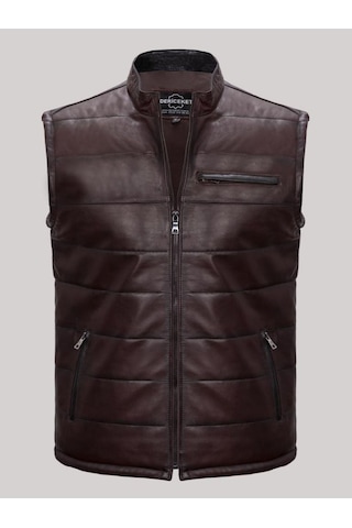 Hakiki Deri Işlemeli Cepli Erkek Yelek Kahverengi Kahverengi