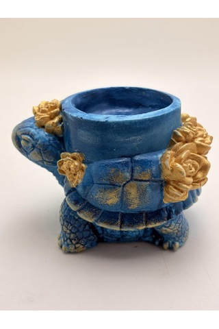Kaplumbağa Çiçekli Tealight Mumluk Mavi Altın Reçine