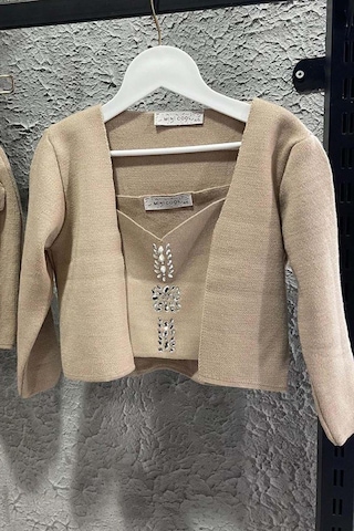 Riccotarz Kız Çocuk Askılı Bluz Hırka Ve Elmas Taş İşlemeli Cepli Bej Triko Etekli Takım Bej