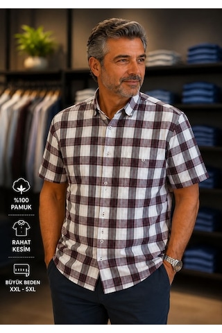 Beyome Erkek Kısa Kol Kareli Gömlek Büyük Beden Xxl-4xl %100 Pamuk Nefes Alır Yazlık Mor