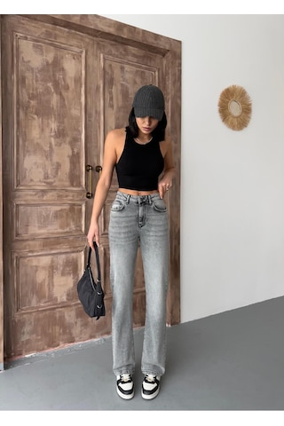 Kadın Straight Likralı Yüksek Bel Boru Paça Kot Pantolon Orta Füme Gri+ortafüme