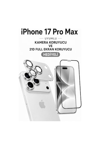 iPhone Uyumlu 17 Pro Max Taşli Kamera Koruyucu+ Ekran Koruyucu Set Beyaz