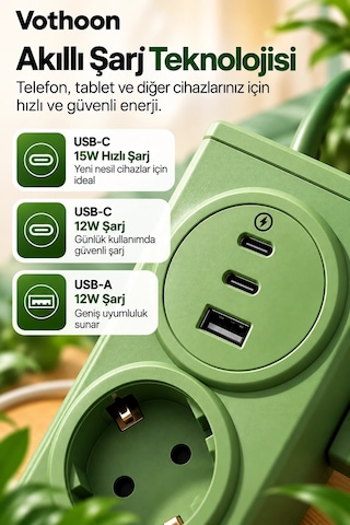 La Boom Vothoon 4 Lü Akıllı Priz Tek Dokunuşla Fiş Çıkarma 2 Metre Kablo 2 Type-c + Usb 15w Hızlı Şarj 3680w