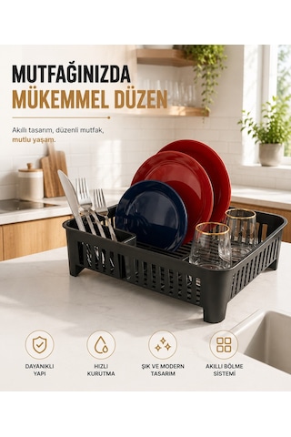 Sas Haus Bulaşıklık Tezgah Üstü Tabak Bardak Kurutmalık Plastik Bulaşık Sepeti 33x41 Cm Siyah S-10567