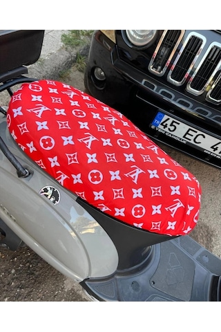 Lv Desen Kırmızı Beyaz Motorsiklet Sele Kılıfı 1.kalite Likrali Penye Yıkanabilir