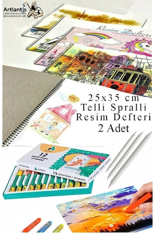 12 Renk Adel Pastel Boya 25x35 Cm Telli Spralli Resim Defteri Pastel Dağıtma Kalemi 15 Yaprak Resim Defteri Yağlı Pastel Çok Renkli