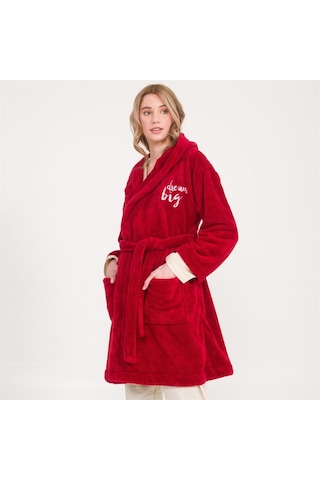 Welsoft Kapüşonlu Peluş Kadın Sabahlık Bordo