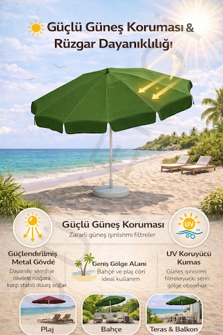 Yeşil Plaj Şemsiyesi 200 Cm Çap /10 Telli, Polyester Kumaş Yeşil