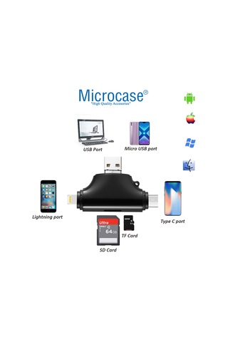 Microcase AL2743 4 in 1 SD Kart Okuyucu Type-C Lightning Micro USB to USB Çevirici Siyah