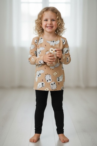 Baykuş Desenli Kız Çocuk Pijama Takım Kahverengi