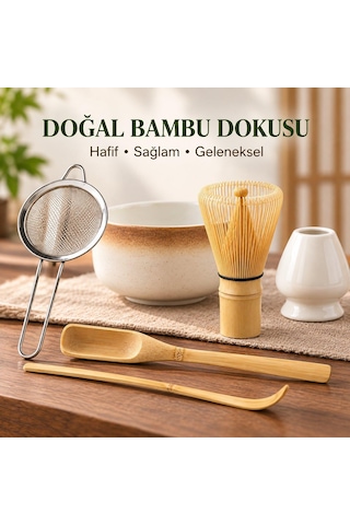 Valkyrie 6 Parça Matcha Hazırlama Seti Bambu Çırpıcı Seramik Kase Süzgeç Ölçü Ve Kaşık Kahve Kahverengi