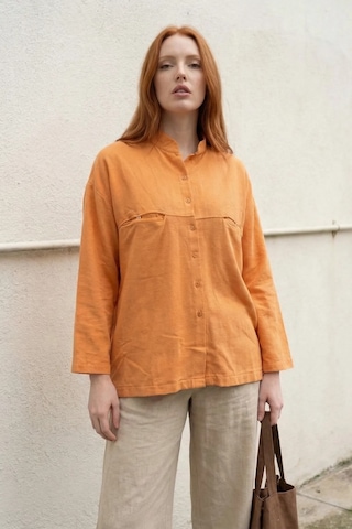 Hiccup My Fashıon Oversize Uzun Kollu Keten Karışımlı Gömlek Soluk Turuncu