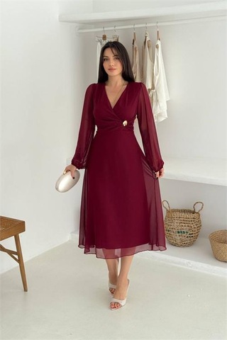 Neşeli Butik Kadın Bordo Astarlı Tokalı Şifon Elbise Nbk30281 Bordo