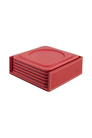 Bardak Altlığı,6 Lı Set,masaüstü Yuvarlak Cup Coaster,vegan Suni Deri,11x11 Cm.,kırmızı Kırmızı