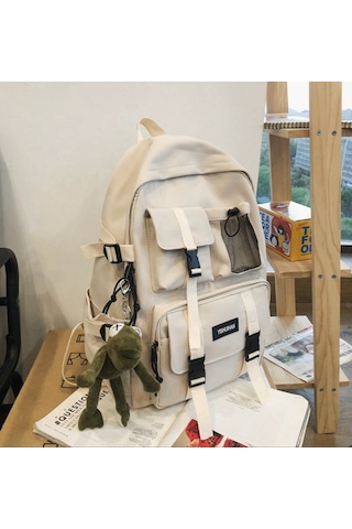 White Çoklu Cep Sırt Çantası Erkekler Kanvas Ekleme Toka Beyaz