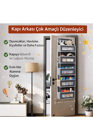 Valkyrie Kapı Arkası Organizer 5 Cepli Askılı Dolap Düzenleyici Çok Amaçlı Kapı Arkası Raf 20kg Taşıma Gri Gri