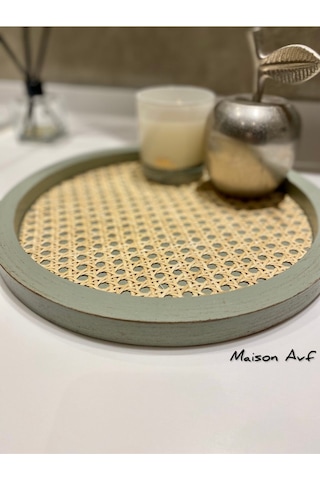 Rattan Hazeran Yuvarlak Tepsi Ihlamur Yeşili Eskitme Model %100 Doğal Hazeran M044