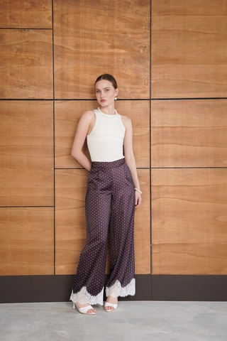 Verymoda Puantiyeli Paçası Dantelli Saten Pantolon D2970 Kahve