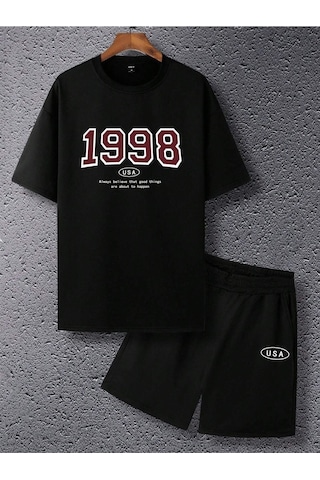 1998 Usa T-shirt Şort - Siyah Alt Üst Kombin Şort Tişört Takım Baskılı Oversize Bisiklet Yaka Siyah