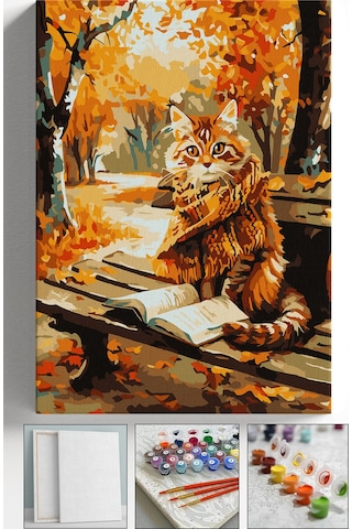 Sayılarla Boyama Seti Numaralı Tuval Fırça Boya Askı Aparatı Dahil Set 40x50 Cm - Sonbahar Kitaplı Kedi