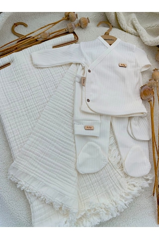 Kız Erkek Bebek 4 Kat Müslin Battaniyeli Ekru 6'lı Hastane Çıkışı Ekru
