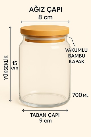 3'lü Set Bambu Kapaklı Orta Boy Vakumlu Cam Baharat Takımı - 3 X 700 Ml. Ahşap - Şeffaf