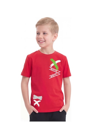 Panios Kids White Yazı Baskılı Yuvarlak Yaka Kısa Kollu Erkek Çocuk Yazlık Tişört Kırmızı