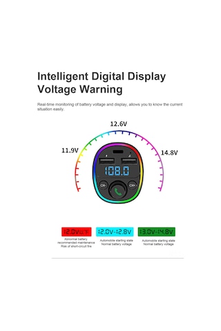 Monyee Araç Mp3 Çalar Bluetooth 5.0 Fm Transmitter, Çift Usb 3.0a, 7 Renkli Işık, Tf/usb, Gerçek Zamanlı Voltaj Monitörü, Dürtme Kontrolü Döndürme Tuşlu