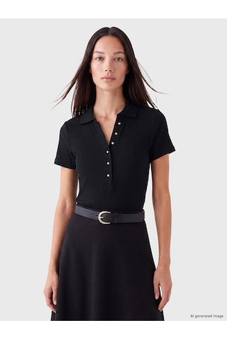 Lcw Everyday Siyah Polo Yaka Kadın Fitilli Tişört