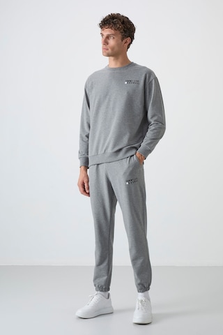 Tommy Life Gri Melanj Casual O Yaka Lastik Paça Pamuklu Erkek Oversize Eşofman Takımı - 85120 GRİ MELANJ
