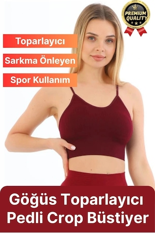 Svein Göğüs Toparlayıcı Sarkma Önleyen Gündelik Spor Kullanım İnce İp Askılı Pedli Çizgili Crop Büstiyer Bordo
