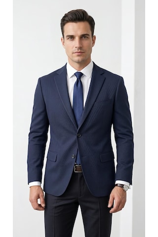 Plus Scorpion Ck 142 Slim Fit Mikro Desenli Erkek Ceket Yazlık Pike Kumaş Çift Yırtmaç Blazer Lacivert