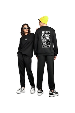 Uyguntarz Unisex Skullcracked Baskılı Bisiklet Yaka Eşofman Takımı Siyah