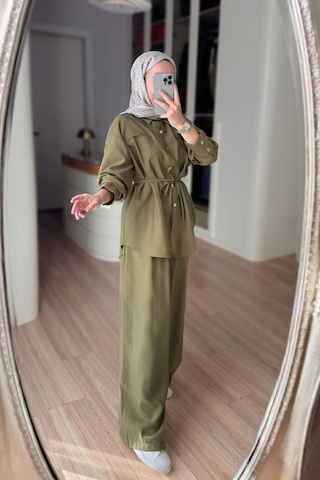 Ka Hijab Bağcıklı Bluz Pantolon Takım - Haki