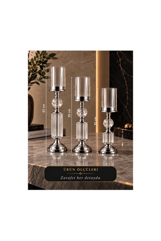 Kristal Ve Cam Detaylı Metal Şamdan Krom