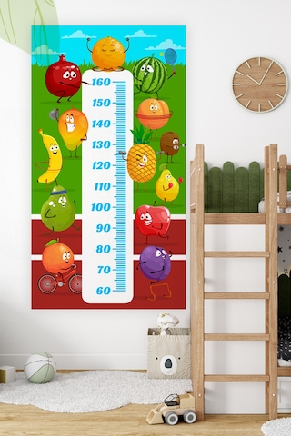 Sporcu Meyveler Temalı Dekoratif Çocuk Boy Ölçer Sticker Duvar Cetveli Takip Çizelgesi Kırmızı