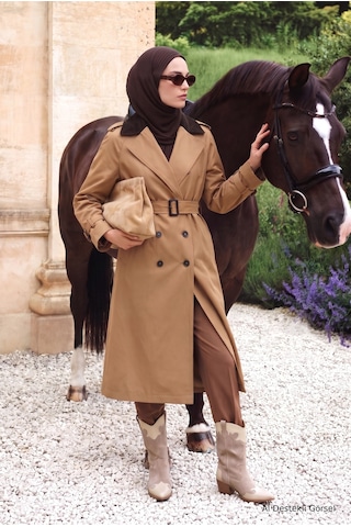 Avenna Kontrast Yaka Belden Kemerli Yandan Cepli Kap 125 Cm Boy Camel 26kt713