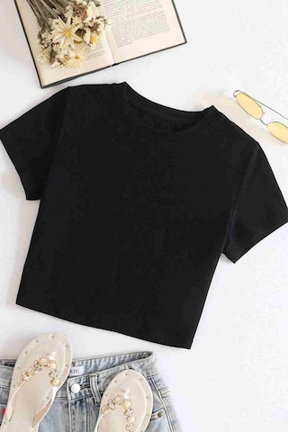 Merry See Pamuklu Yumuşak Dokulu Kısa Kol Bisiklet Yaka Bluz Crop Siyah 001