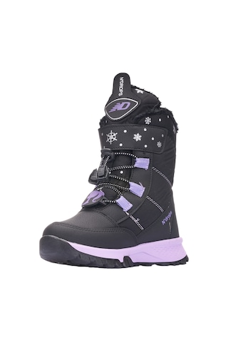 Günlük Kız Çocuk Kar Botu Cırtlı Lastik Bağcıklı Kürklü Kar Desenli Kalın Tırtıklı Taban Bootie 014 Siyah Lila