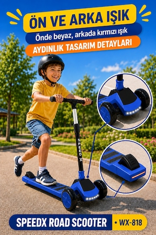 Mavi Işıklı Müzikli Speedx Road Scooter Wx-818 3 Tekerlekli Çocuk Scooterı Geniş Dokulu Taban