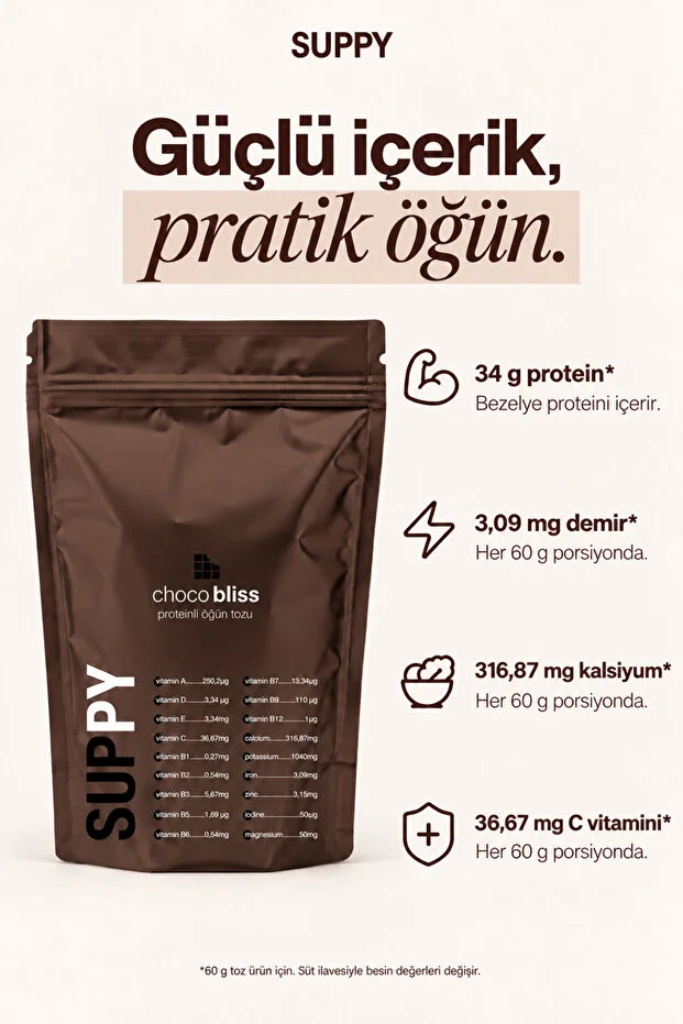 Suppy Choco Bliss Proteinli Öğün Tozu Çikolata Aromalı Vitamin & Mineral Destekli Pratik Öğün