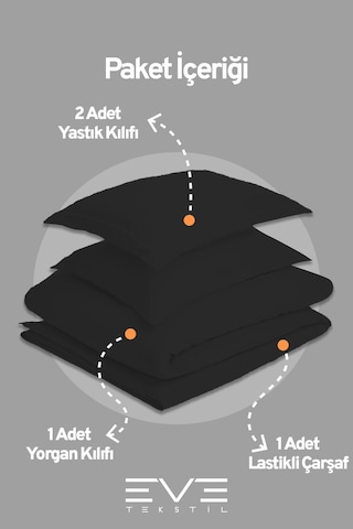Eve Tekstil %100 Pamuk Ranforce Çarşaflı Yastık Ve Yorgan Kılıflı Çift Kişilik Nevresim Takımı 200x220 Cm Siyah
