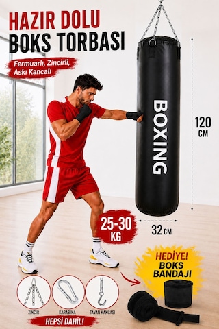 Boxing 120 Cm Büyük Boy Hazır Dolu Boks Torbası Ve Zinciri - Hediye Boks Bandajı Siyah