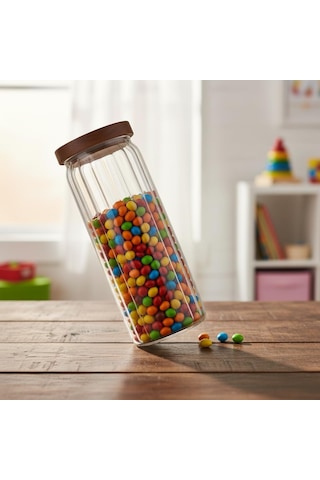 Akasya Kapaklı Uzun Çizgili Cam Kavanoz 1250 Ml Hava Geçirmez, Modern Fitilli Tasarım Gıda Açık Şeffaf
