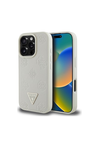Apple Uyumlu iPhone 16 Pro Kılıf Guess Lisanslı Magsafe Özellikli Üçgen Logolu Pu Deri Peony Kapak Bej